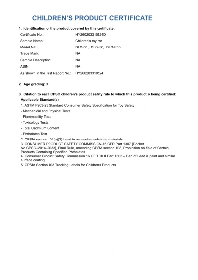 CPC · ASTM F963-23 · CPSIA · HY260203310524D · Document holder: HEBEI LAIHONG BICYCLE CO., LTD. · Product / activity scope: Children’s toy cars · Models: DLS-08, DLS-X7, DLS-K03 · Limited to the named holder, products and models; not certification of all SY catalogue bicycles.